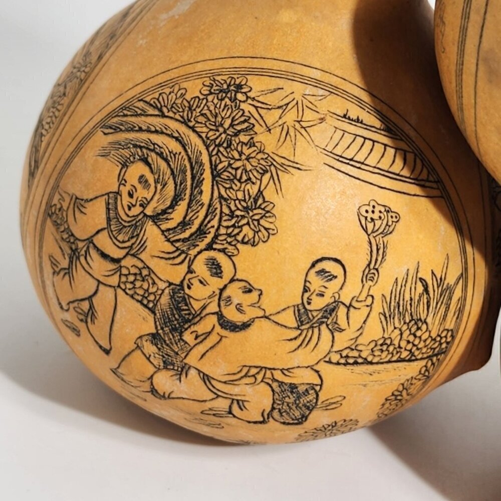 Handcrafted Etched Calabash Gourds Chinese Lanzhou Intricate Calligraphy Vintage - Picture 10 of 12